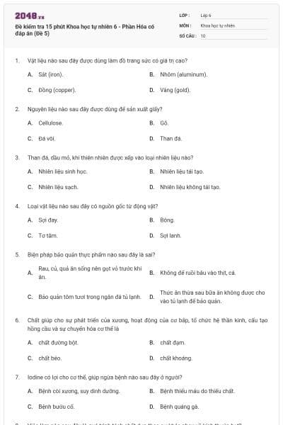 Đề kiểm tra 15 phút Khoa học tự nhiên 6 - Phần Hóa có đáp án (Đề 5)