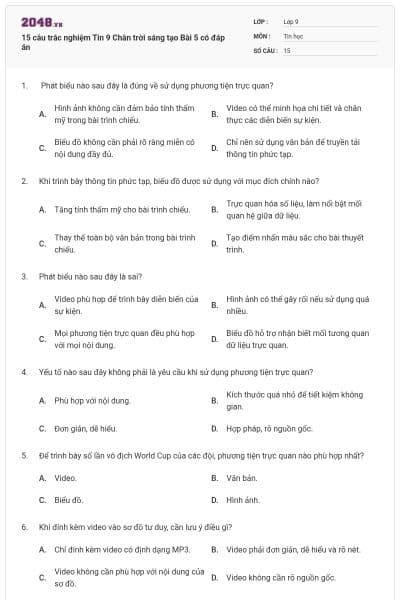 15 câu trắc nghiệm Tin 9 Chân trời sáng tạo Bài 5 có đáp án