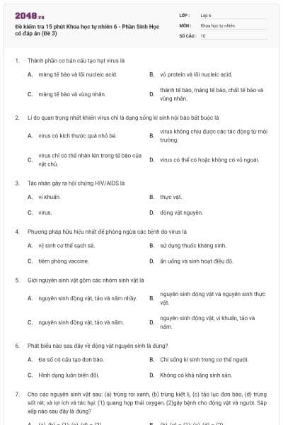 Đề kiểm tra 15 phút Khoa học tự nhiên 6 - Phần Sinh Học có đáp án (Đề 3)