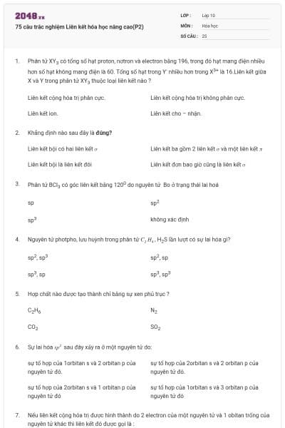 75 câu trắc nghiệm Liên kết hóa học nâng cao(P2)