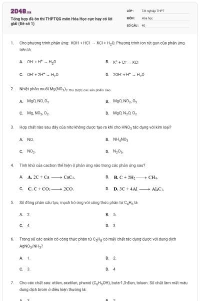 Tổng hợp đề ôn thi THPTQG môn Hóa Học cực hay có lời giải (Đề số 1)