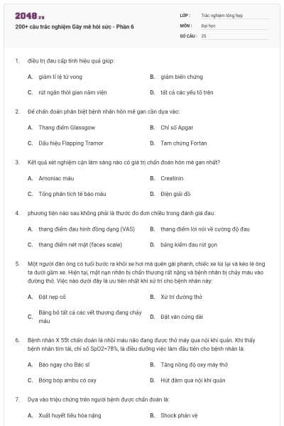 200+ câu trắc nghiệm Gây mê hôi sức - Phần 6