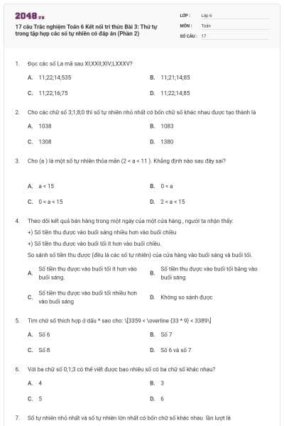 17 câu Trắc nghiệm Toán 6 Kết nối tri thức Bài 3: Thứ tự trong tập hợp các số tự nhiên có đáp án (Phần 2)