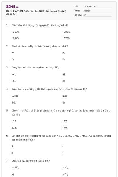 Đề thi thử THPT Quốc gia năm 2019 Hóa học có lời giải ( đề số 17)