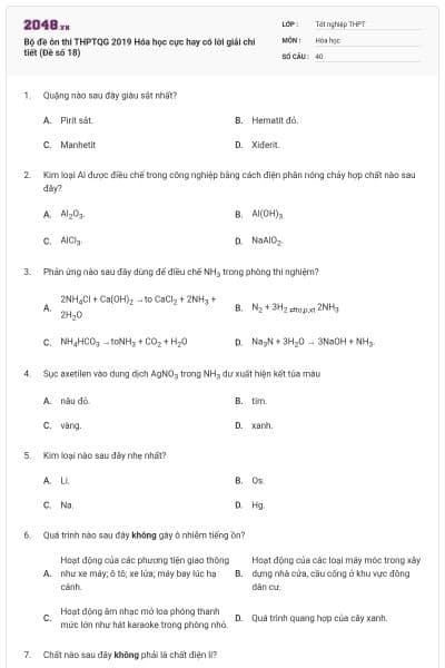 Bộ đề ôn thi THPTQG 2019 Hóa học cực hay có lời giải chi tiết (Đề số 18)
