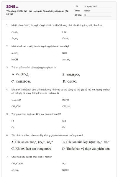 Tổng hợp đề thi thử Hóa Học mức độ cơ bản, nâng cao (Đề số 12)