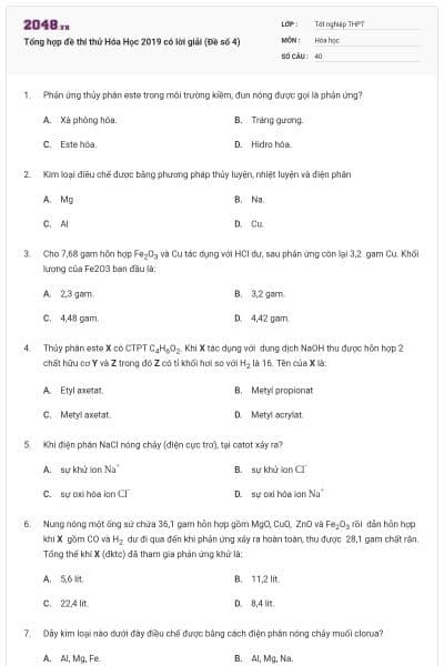 Tổng hợp đề thi thử Hóa Học 2019 có lời giải (Đề số 4)