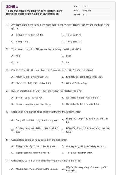10 câu trắc nghiệm Mở rộng vốn từ về thành thị, nông thôn; Biện pháp so sánh Kết nối tri thức có đáp án