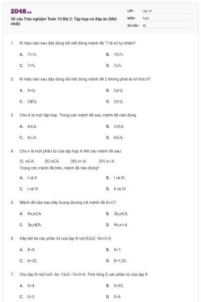 30 câu Trắc nghiệm Toán 10 Bài 2: Tập hợp có đáp án (Mới nhất)