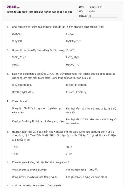 Tuyển tập đề ôn thi Hóa Học cực hay có đáp án (Đề số 10)