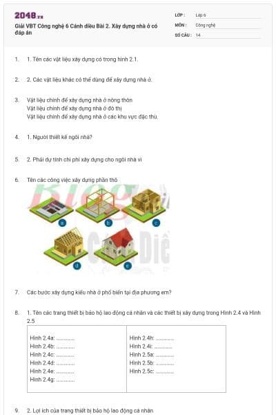 Giải VBT Công nghệ 6 Cánh diều Bài 2. Xây dựng nhà ở có đáp án