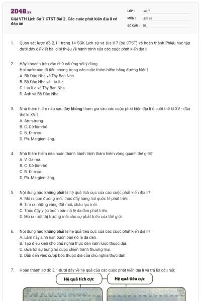 Giải VTH Lịch Sử 7 CTST Bài 2. Các cuộc phát kiến địa lí có đáp án