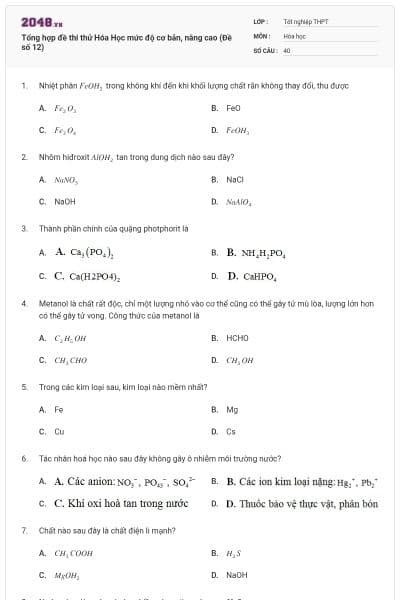 Tổng hợp đề thi thử Hóa Học mức độ cơ bản, nâng cao (Đề số 12)