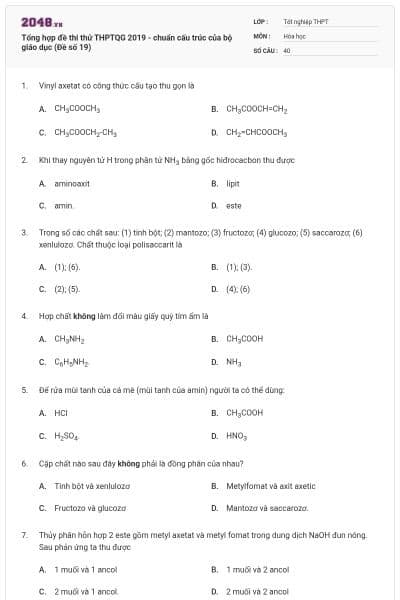 Tổng hợp đề thi thử THPTQG 2019 - chuẩn cấu trúc của bộ giáo dục (Đề số 19)