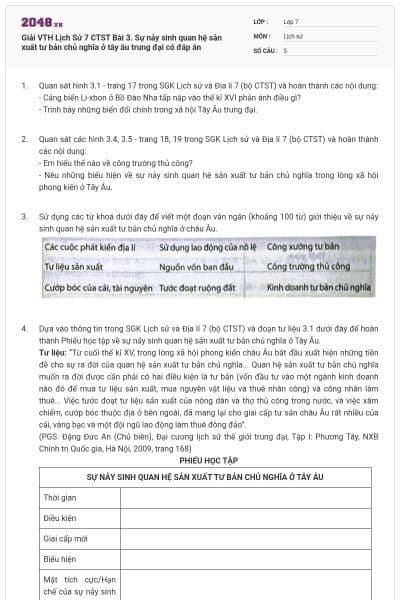 Giải VTH Lịch Sử 7 CTST Bài 3. Sự nảy sinh quan hệ sản xuất tư bản chủ nghĩa ở tây âu trung đại có đáp án
