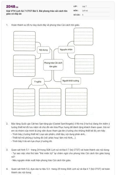 Giải VTH Lịch Sử 7 CTST Bài 5. Bài phong trào cải cách tôn giáo có đáp án