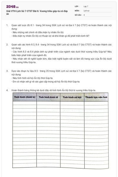 Giải VTH Lịch Sử 7 CTST Bài 8. Vương triều gúp-ta có đáp án