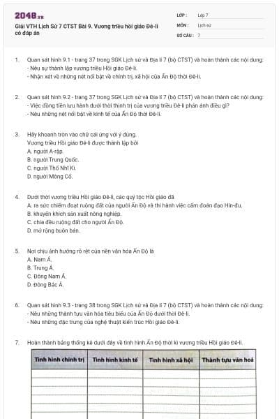 Giải VTH Lịch Sử 7 CTST Bài 9. Vương triều hồi giáo Đê-li có đáp án