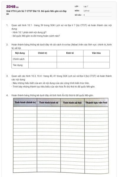 Giải VTH Lịch Sử 7 CTST Bài 10. Đế quốc Mô-gôn có đáp án