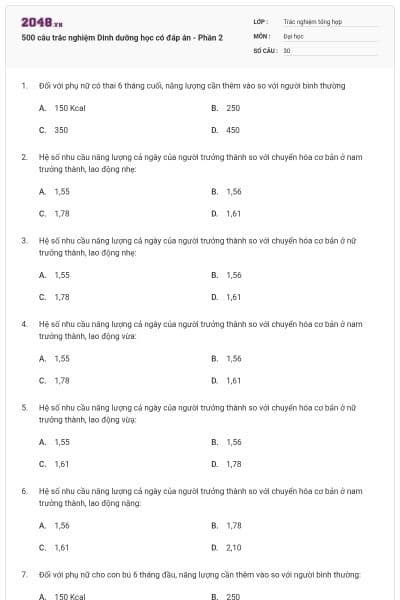 500 câu trắc nghiệm Dinh dưỡng học có đáp án - Phần 2