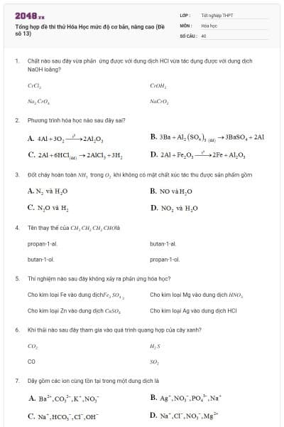 Tổng hợp đề thi thử Hóa Học mức độ cơ bản, nâng cao (Đề sô 13)