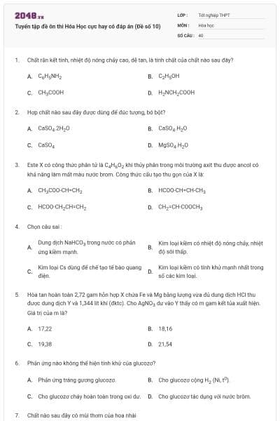 Tuyển tập đề ôn thi Hóa Học cực hay có đáp án (Đề số 10)