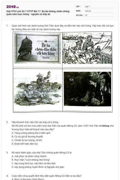Giải VTH Lịch Sử 7 CTST Bài 17. Ba lần kháng chiến chống quân xâm lược mông - nguyên có đáp án