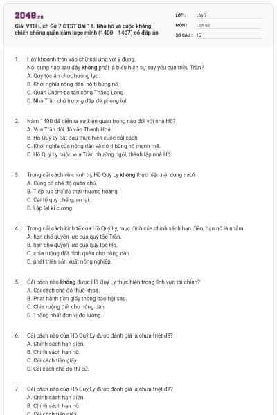 Giải VTH Lịch Sử 7 CTST Bài 18. Nhà hồ và cuộc kháng chiến chống quân xâm lược minh (1400 - 1407) có đáp án