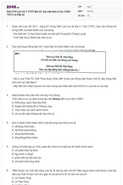 Giải VTH Lịch Sử 7 CTST Bài 20. Đại việt thời Lê Sơ (1428 - 1527) có đáp án