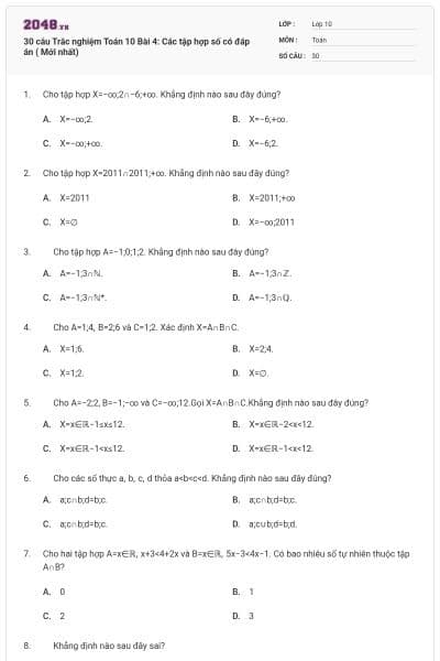 30 câu Trắc nghiệm Toán 10 Bài 4: Các tập hợp số có đáp án ( Mới nhất)