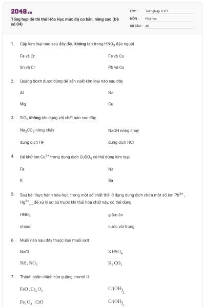 Tổng hợp đề thi thử Hóa Học mức độ cơ bản, nâng cao (Đề số 04)