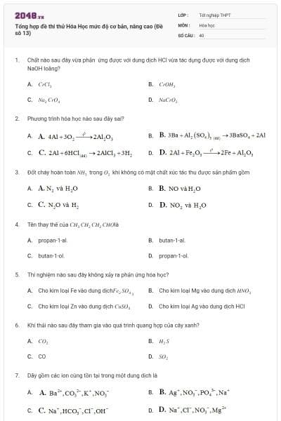 Tổng hợp đề thi thử Hóa Học mức độ cơ bản, nâng cao (Đề sô 13)