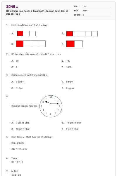 Đề kiểm tra cuối học kì 2 Toán lớp 2 - Bộ sách Cánh diều có đáp án - Đề 9