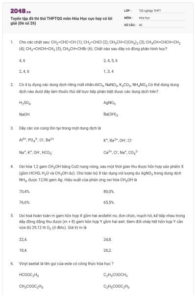Tuyển tập đề thi thử THPTQG môn Hóa Học cực hay có lời giải (Đề số 26)