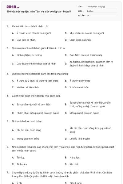 500 câu trắc nghiệm môn Tâm lý y đức có đáp án - Phần 5
