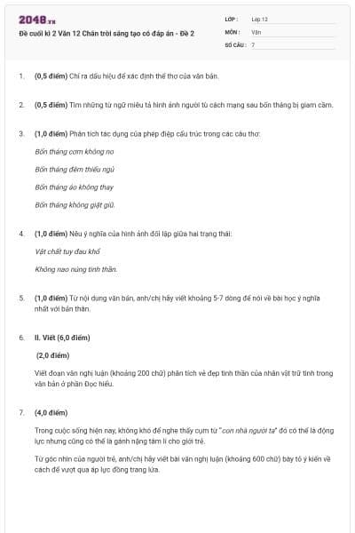 Đề cuối kì 2 Văn 12 Chân trời sáng tạo có đáp án - Đề 2