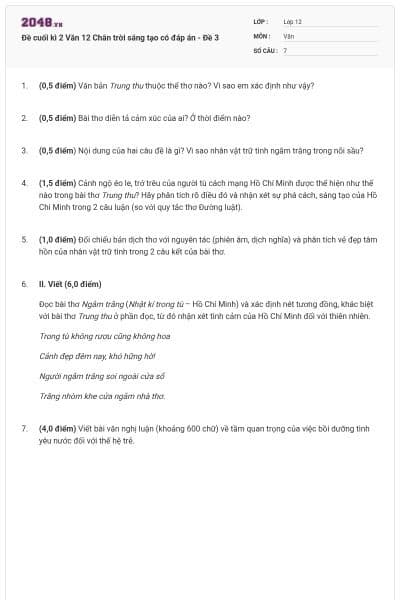 Đề cuối kì 2 Văn 12 Chân trời sáng tạo có đáp án - Đề 3