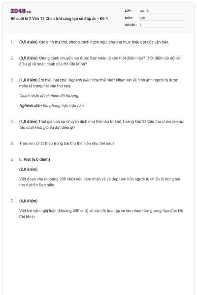 Đề cuối kì 2 Văn 12 Chân trời sáng tạo có đáp án - Đề 4