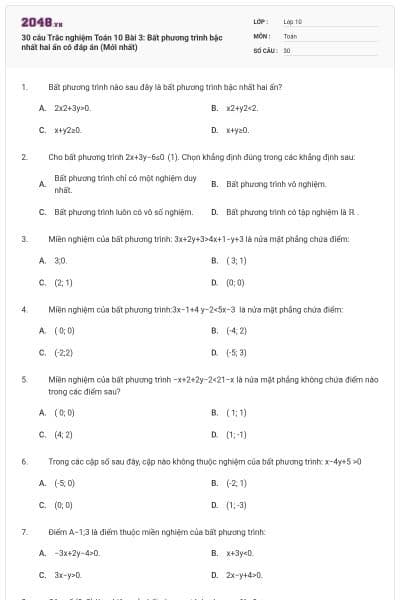 30 câu  Trắc nghiệm Toán 10 Bài 3: Bất phương trình bậc nhất hai ẩn có đáp án (Mới nhất)