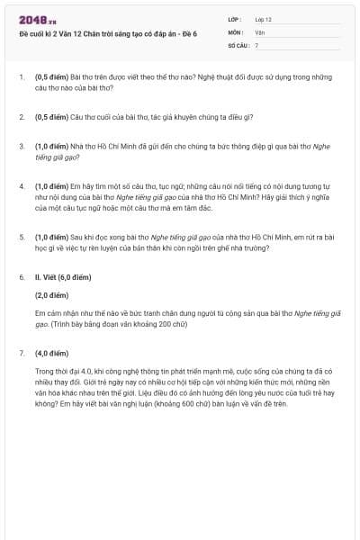 Đề cuối kì 2 Văn 12 Chân trời sáng tạo có đáp án - Đề 6