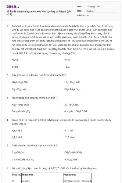 15 Bộ đề thi minh họa môn Hóa Học cực hay có lời giải (Đề số 9)