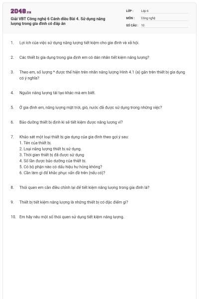 Giải VBT Công nghệ 6 Cánh diều Bài 4. Sử dụng năng lượng trong gia đình có đáp án