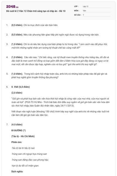 Đề cuối kì 2 Văn 12 Chân trời sáng tạo có đáp án - Đề 10