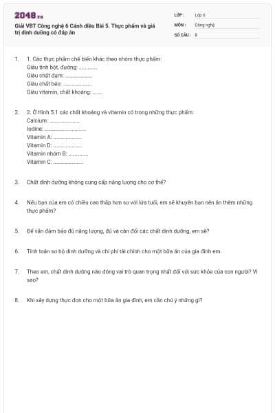 Giải VBT Công nghệ 6 Cánh diều Bài 5. Thực phẩm và giá trị dinh dưỡng có đáp án