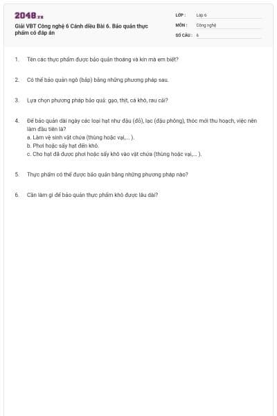 Giải VBT Công nghệ 6 Cánh diều Bài 6. Bảo quản thực phẩm có đáp án
