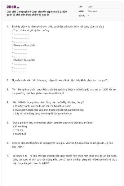 Giải VBT Công nghệ 6 Cánh diều Ôn tập Chủ đề 2. Bảo quản và chế biến thực phẩm có đáp án