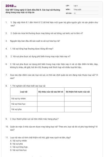 Giải VBT Công nghệ 6 Cánh diều Bài 8. Các loại vải thường dùng trong may mặc có đáp án