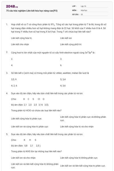 75 câu trắc nghiệm Liên kết hóa học nâng cao(P3)