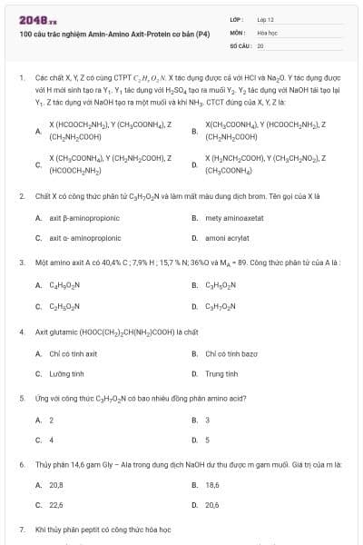 100 câu trắc nghiệm Amin-Amino Axit-Protein cơ bản (P4)