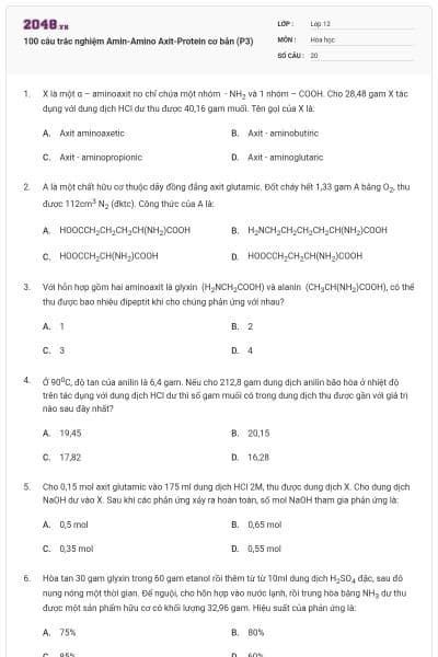 100 câu trắc nghiệm Amin-Amino Axit-Protein cơ bản (P3)